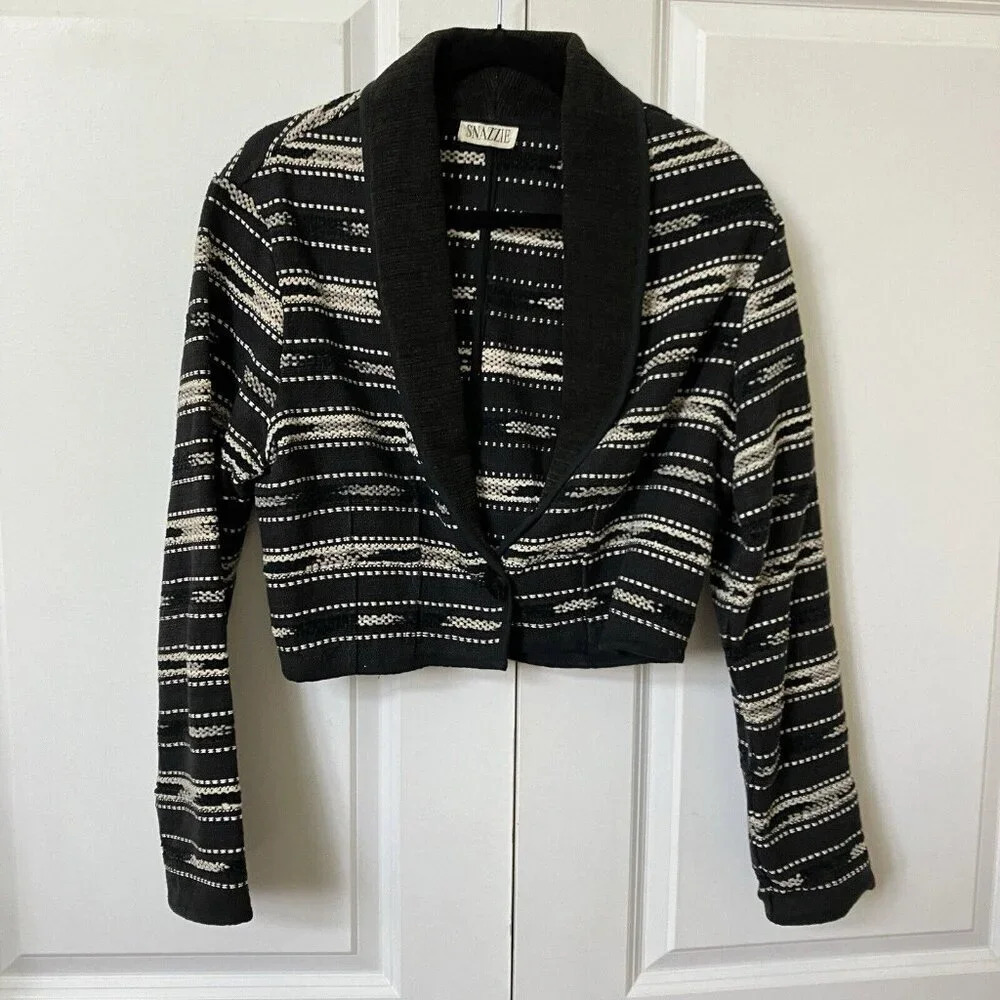 Vintage Snazzie Woven Stripe Cotton SW Western Black White Cropped Jacket Blazer